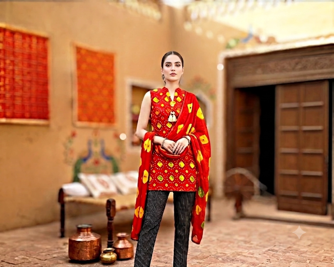 Royal Scarlet Chunri Sleeveless Tunic Set