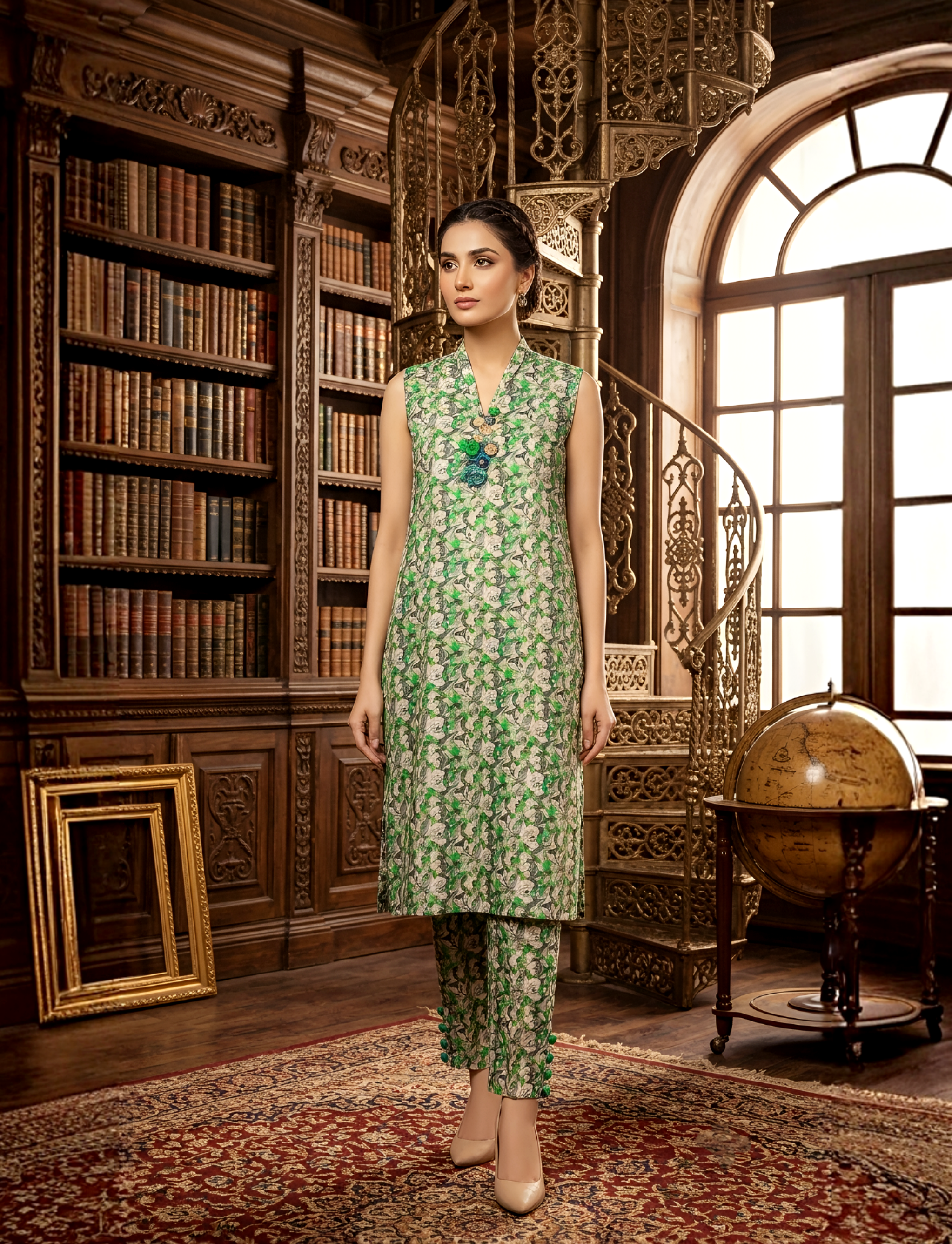 Sage Green & Ivory Floral Printed 2-Piece Co-Ord Set