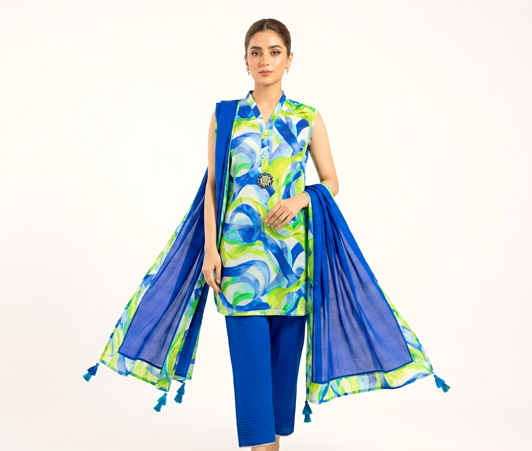 Royal Blue & Lime Green Abstract Printed 3-Piece Lawn Set