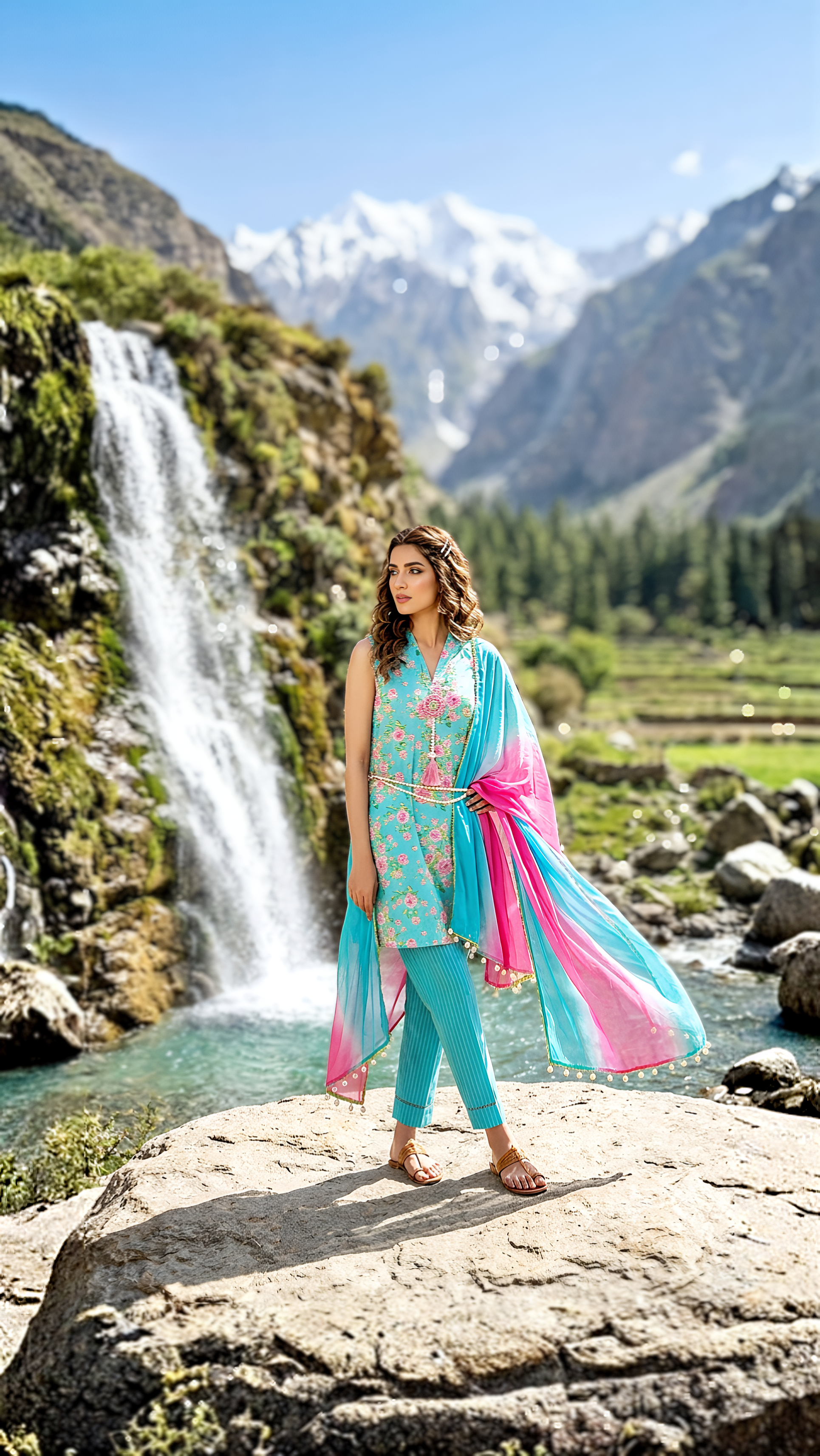 Aqua Meadow Floral Printed 3-Piece Lawn Suit
