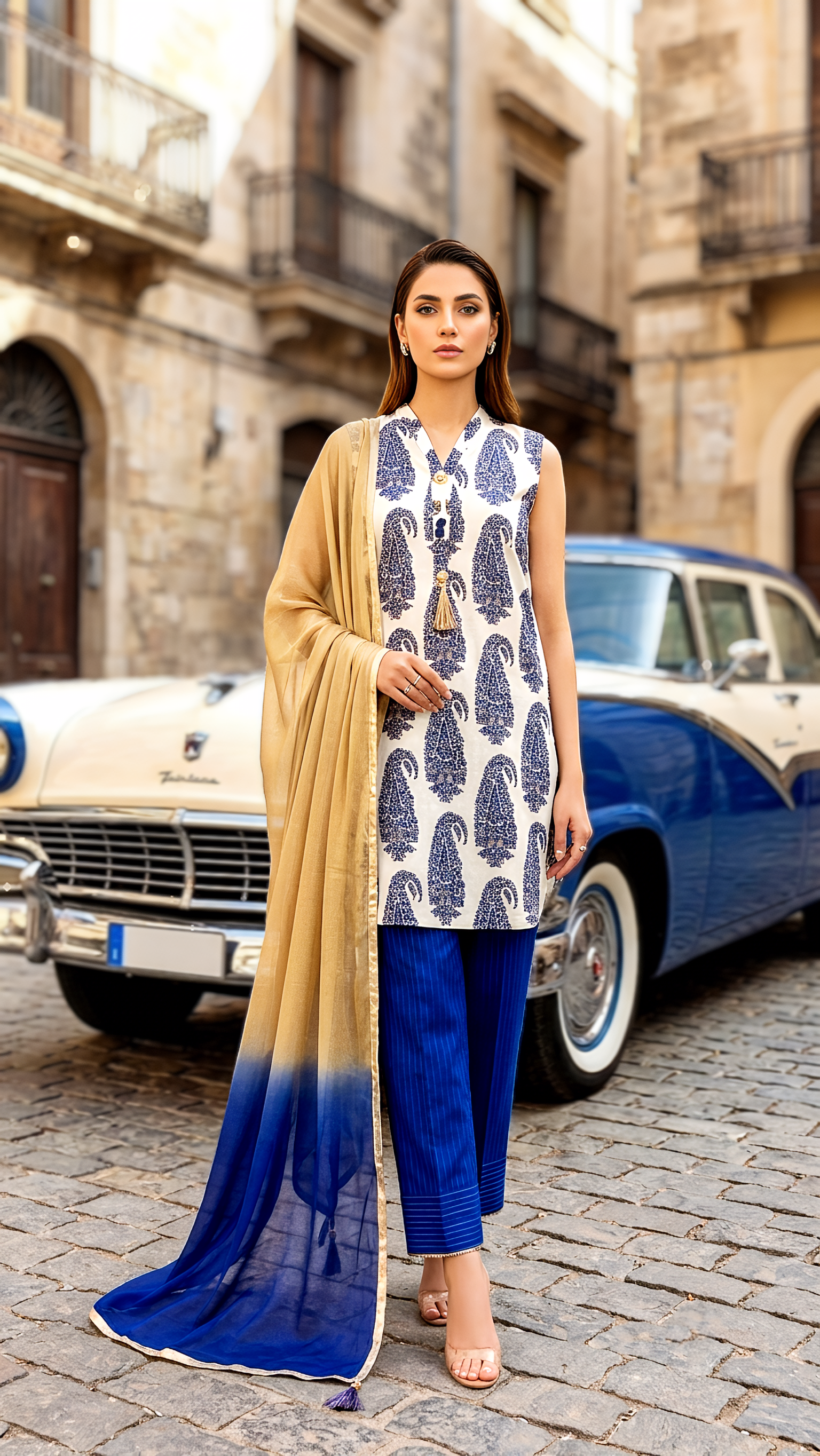 Ivory & Indigo Paisley Sleeveless Tunic Set