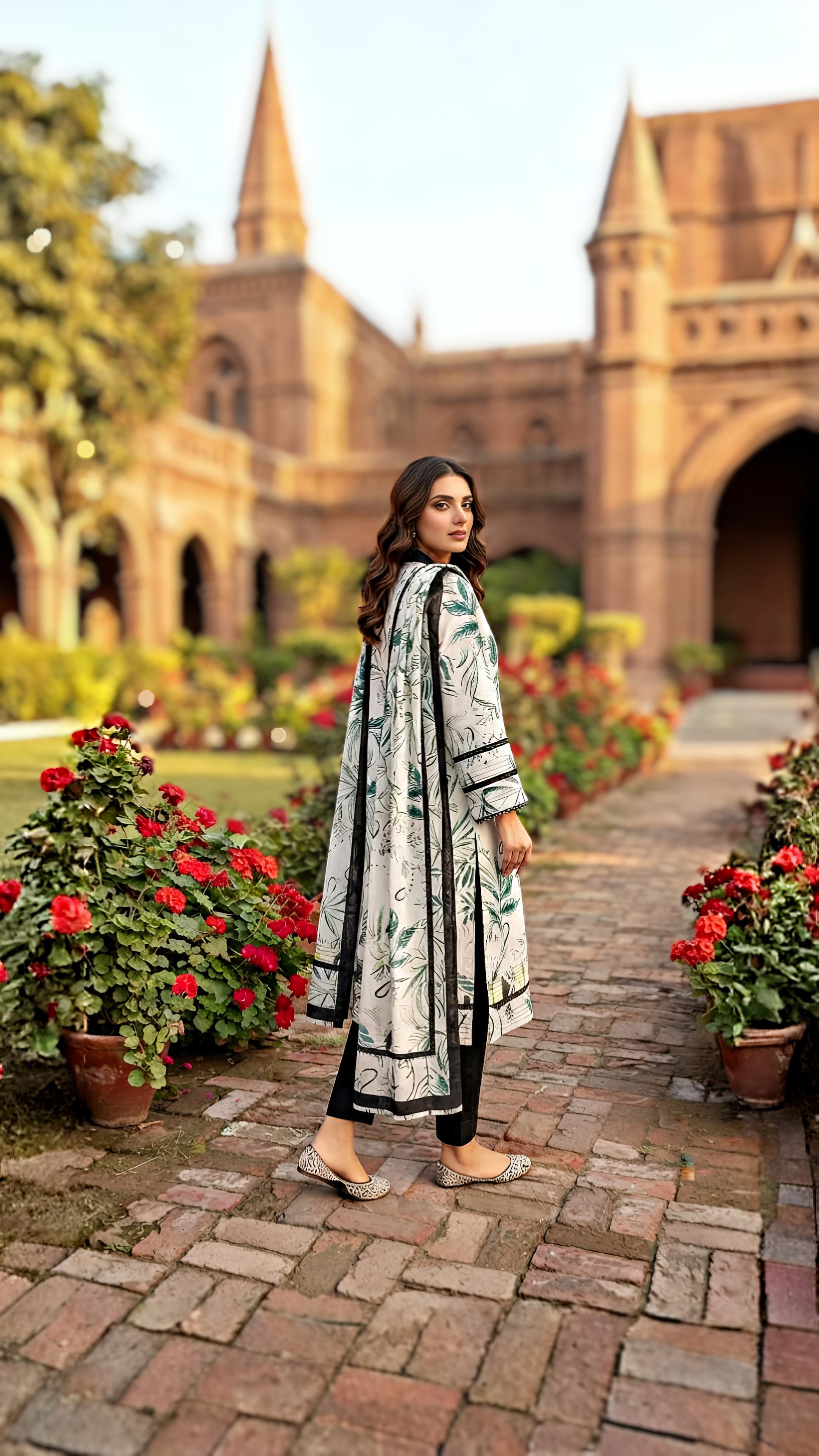 Ivory Ivy – 3-Piece Monochrome & Emerald Printed Suit