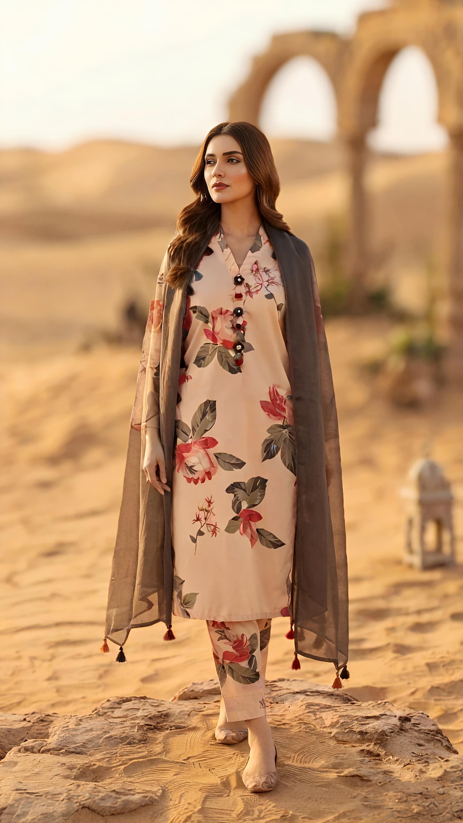 Desert Rose – 3-Piece Floral Printed Suit with Charcoal Dupatta