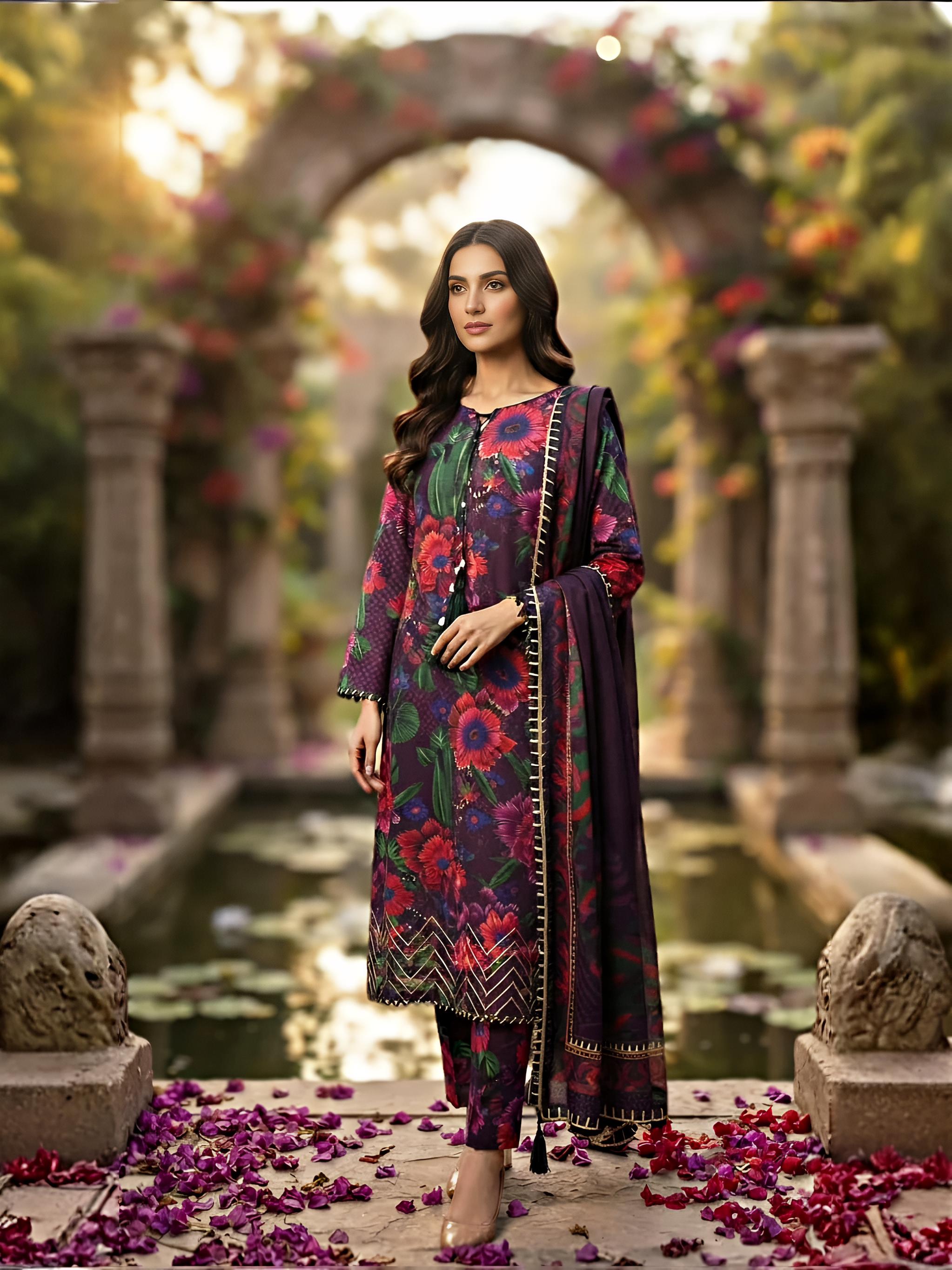 Plum Enchantment – 3-Piece Festive Floral Printed Suit