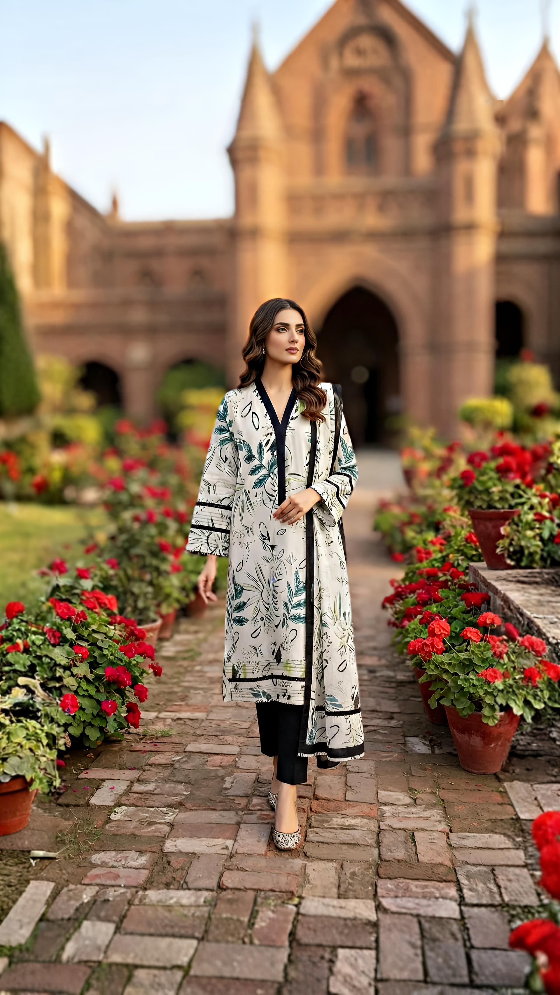 Ivory Ivy – 3-Piece Monochrome & Emerald Printed Suit