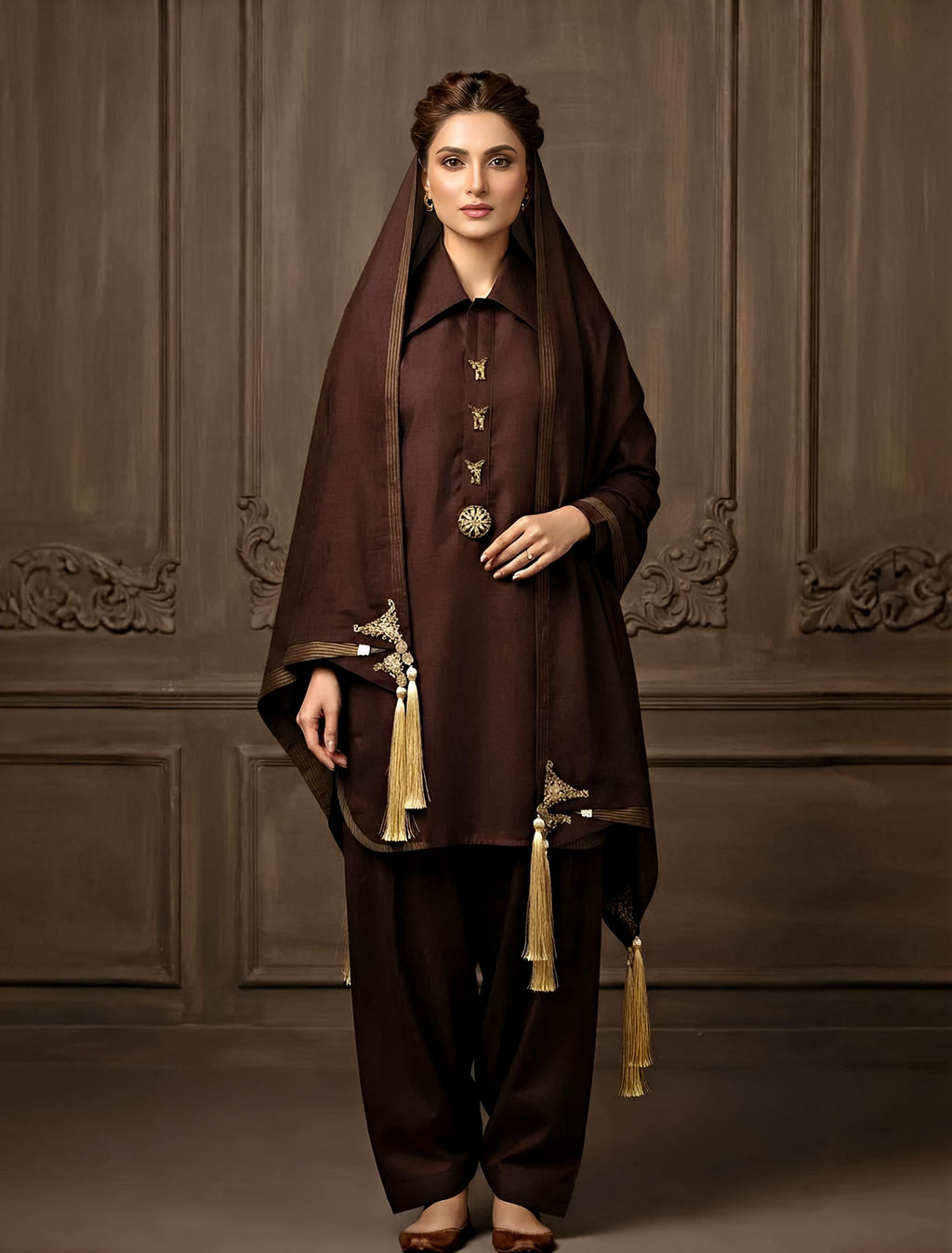Coffee Luxe-Premium Cotton Suit with Chiffon Dupatta