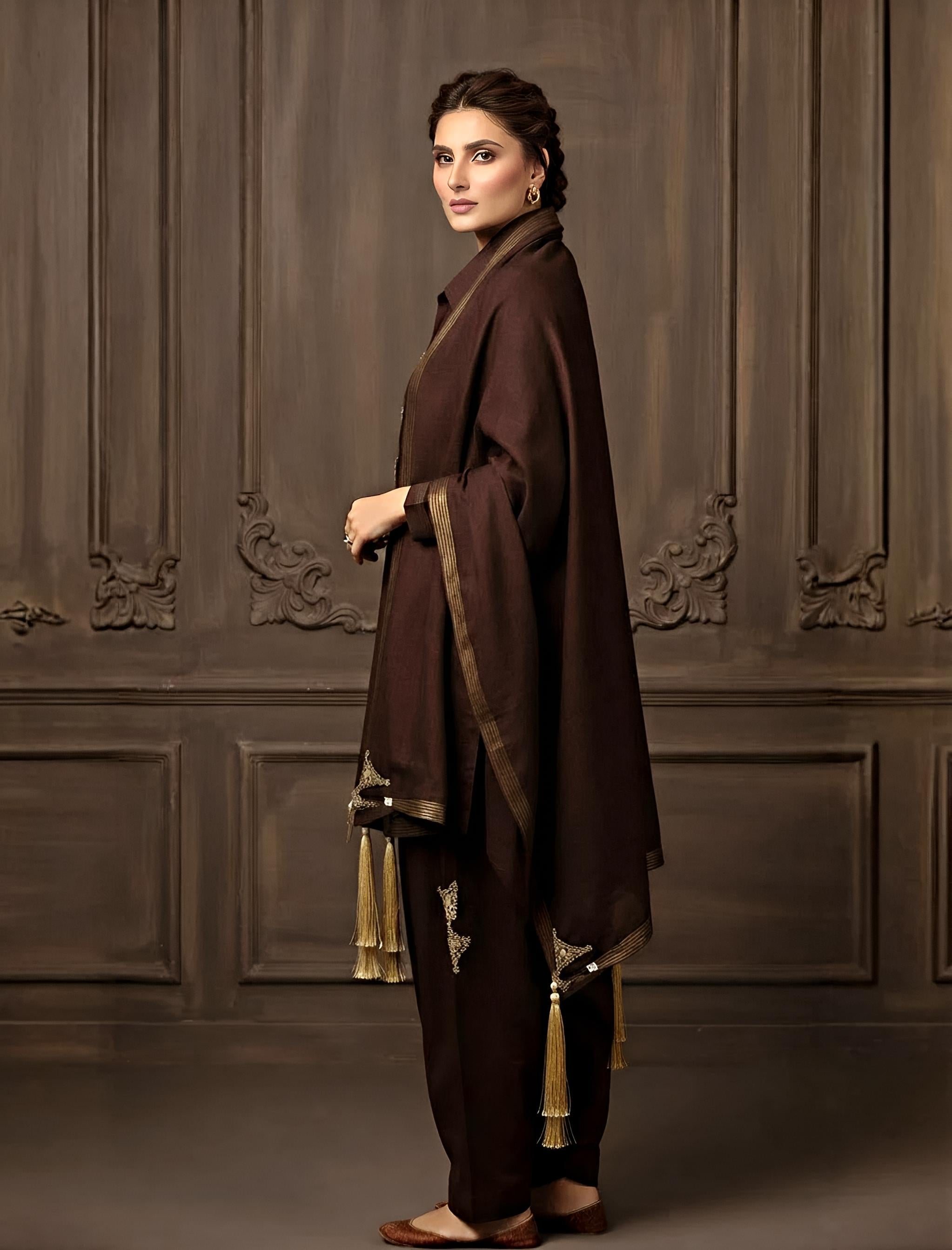 Coffee Luxe-Premium Cotton Suit with Chiffon Dupatta