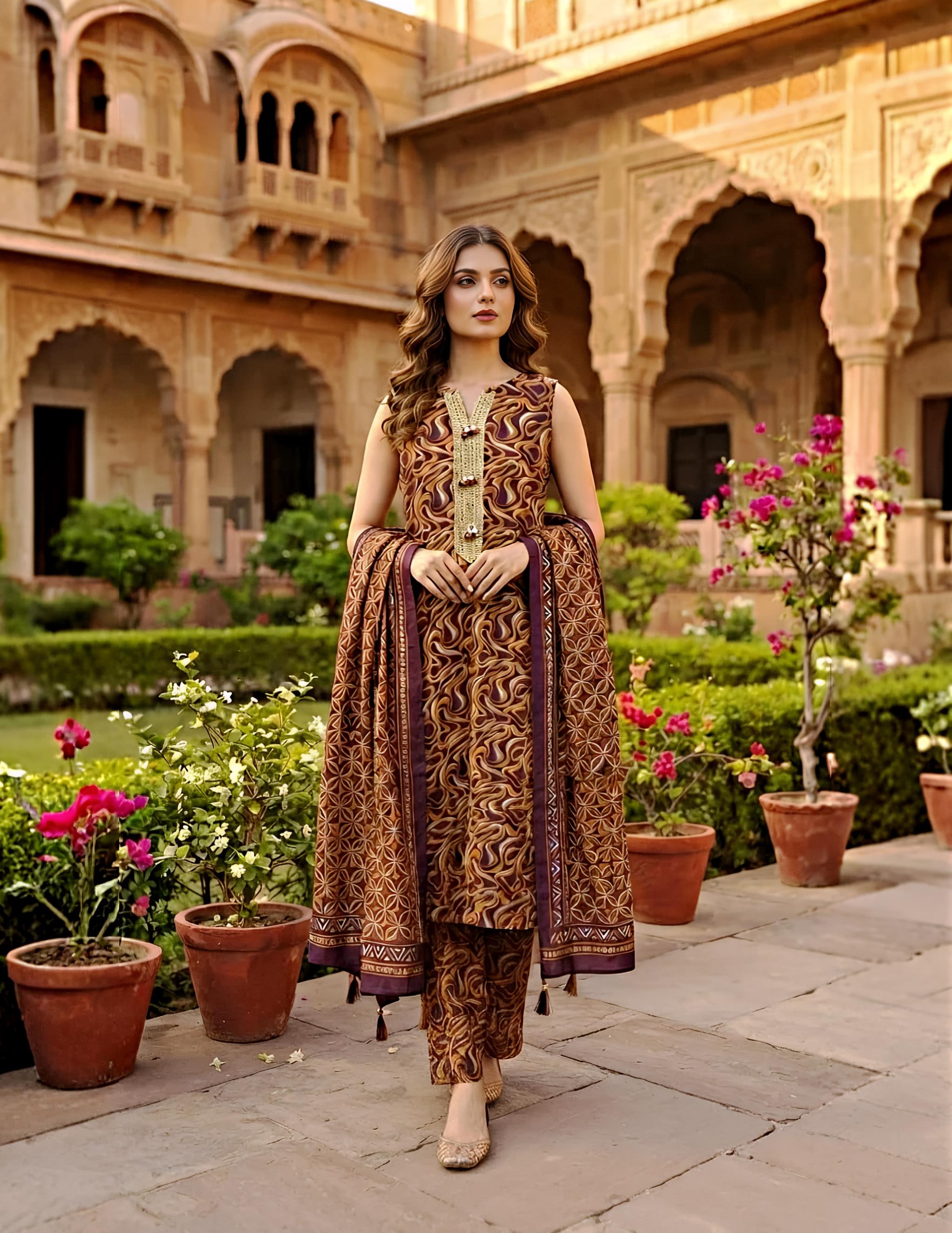 Mocha Marble Abstract Printed 3-Piece Suit