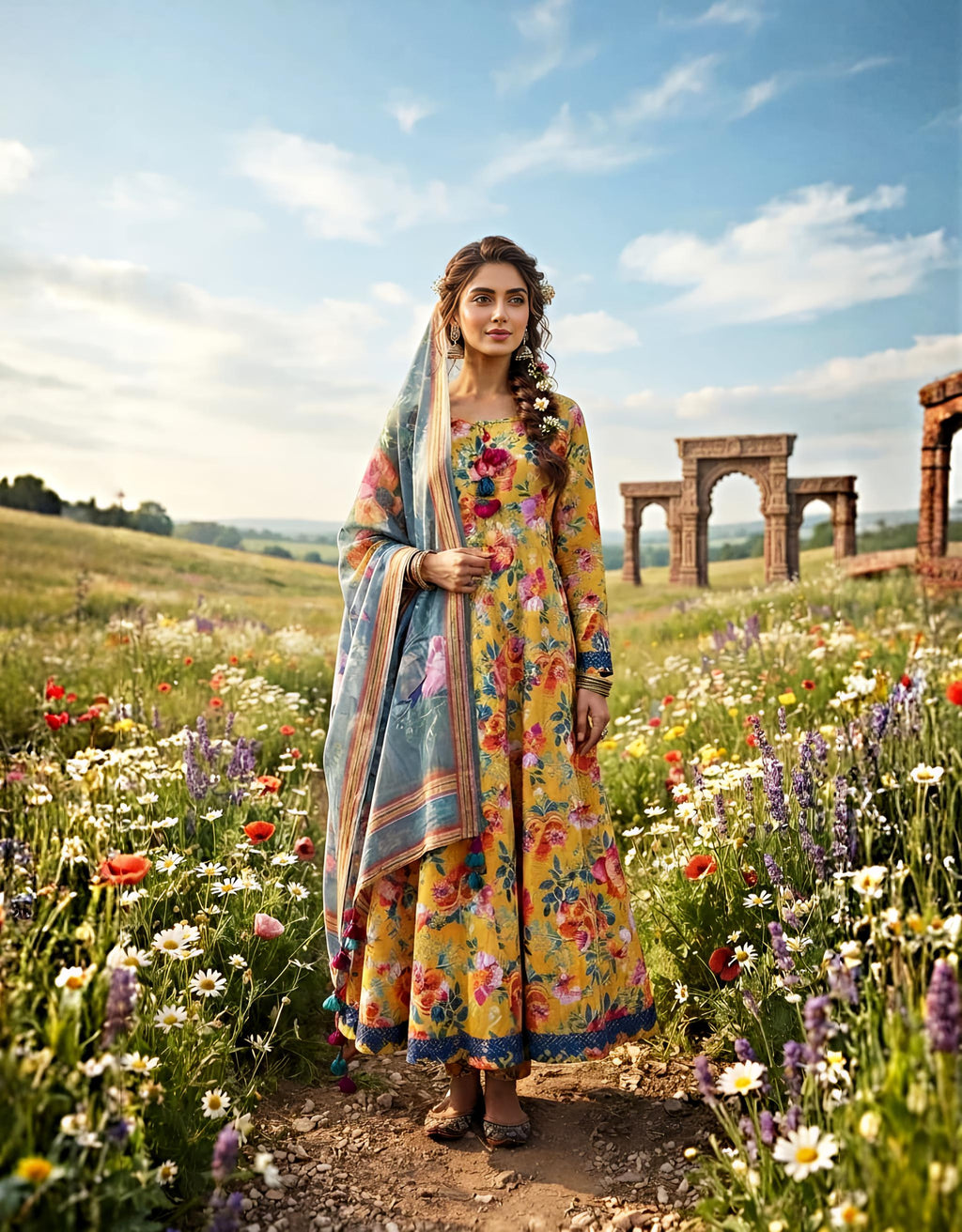 Saffron Sun Floral Lawn Dress