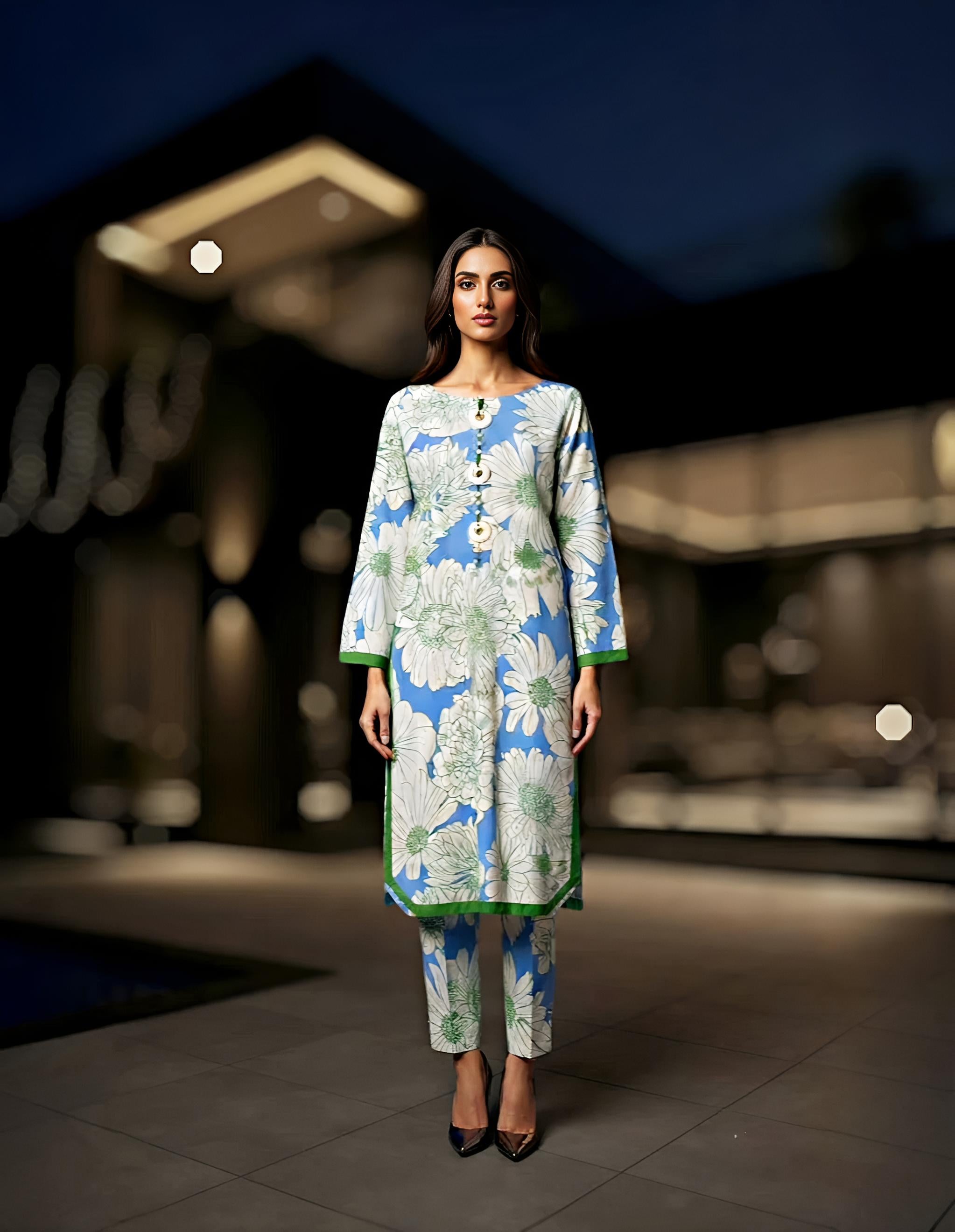 Blue Meadow Green-Trimmed Suit