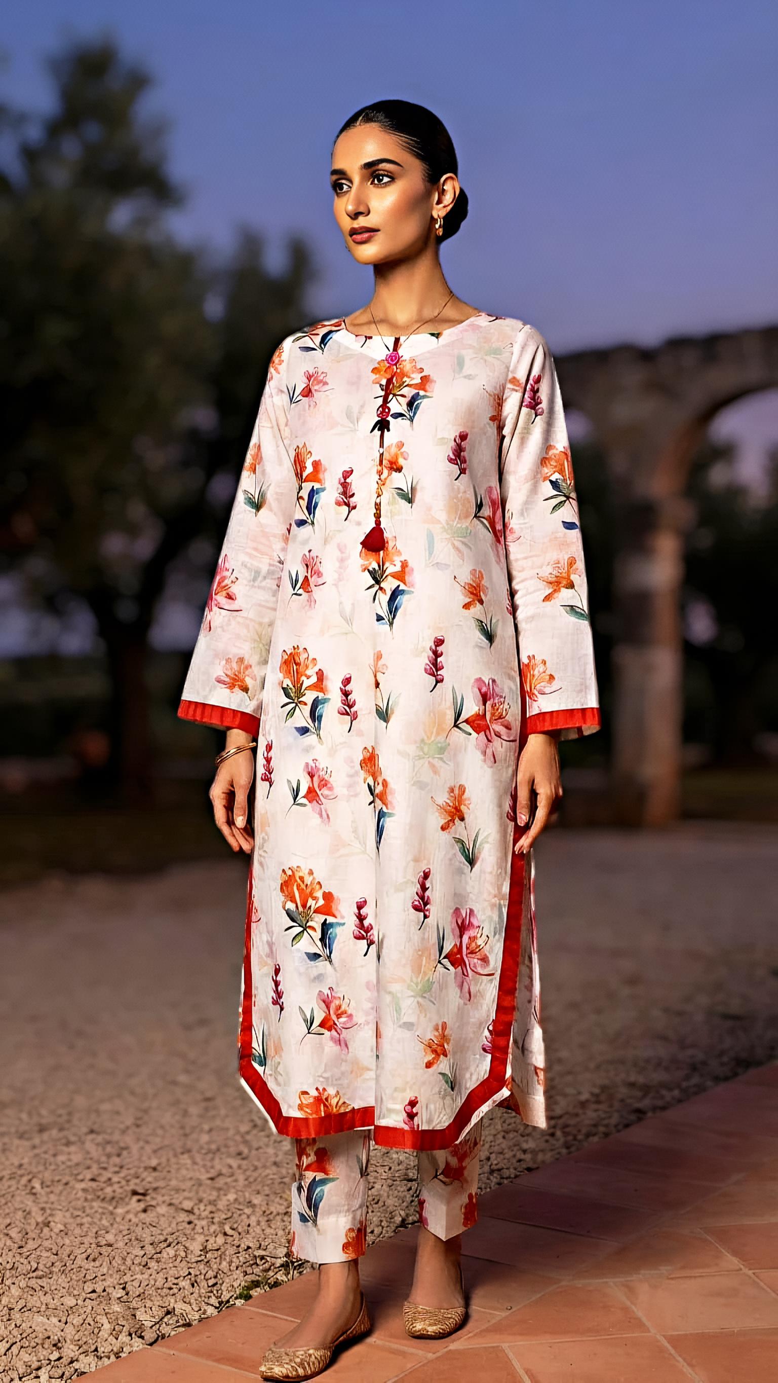 TimTimana Red-Trimmed Blossom Kurta Set