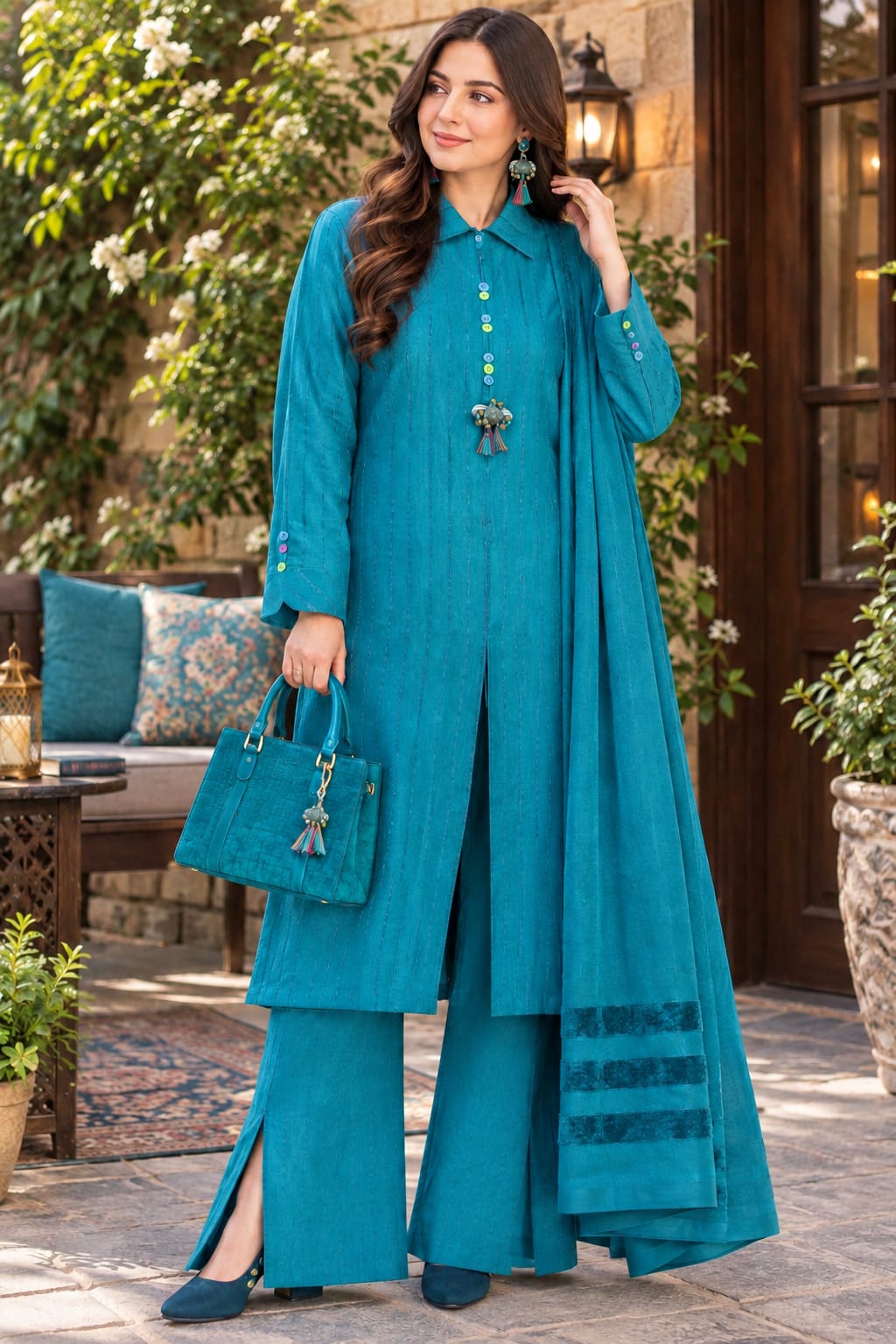 Teal 3-Piece Kurta with Sharara and Dupatta