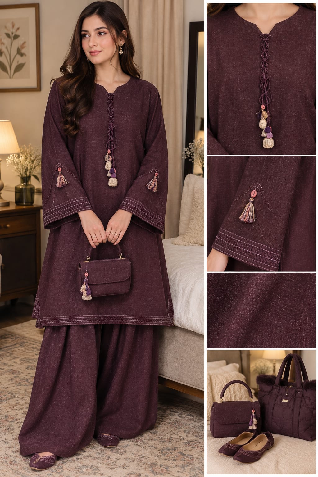 Plum Embellished Kurta with Sharara