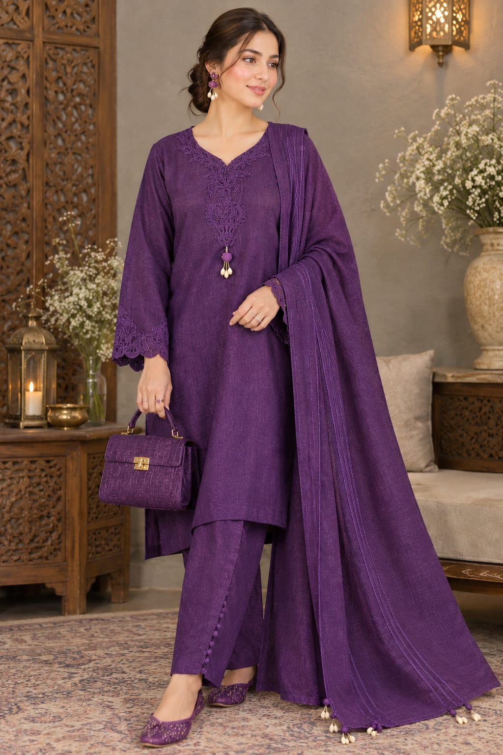 Deep Purple Embroidered Kurta Set with Dupatta