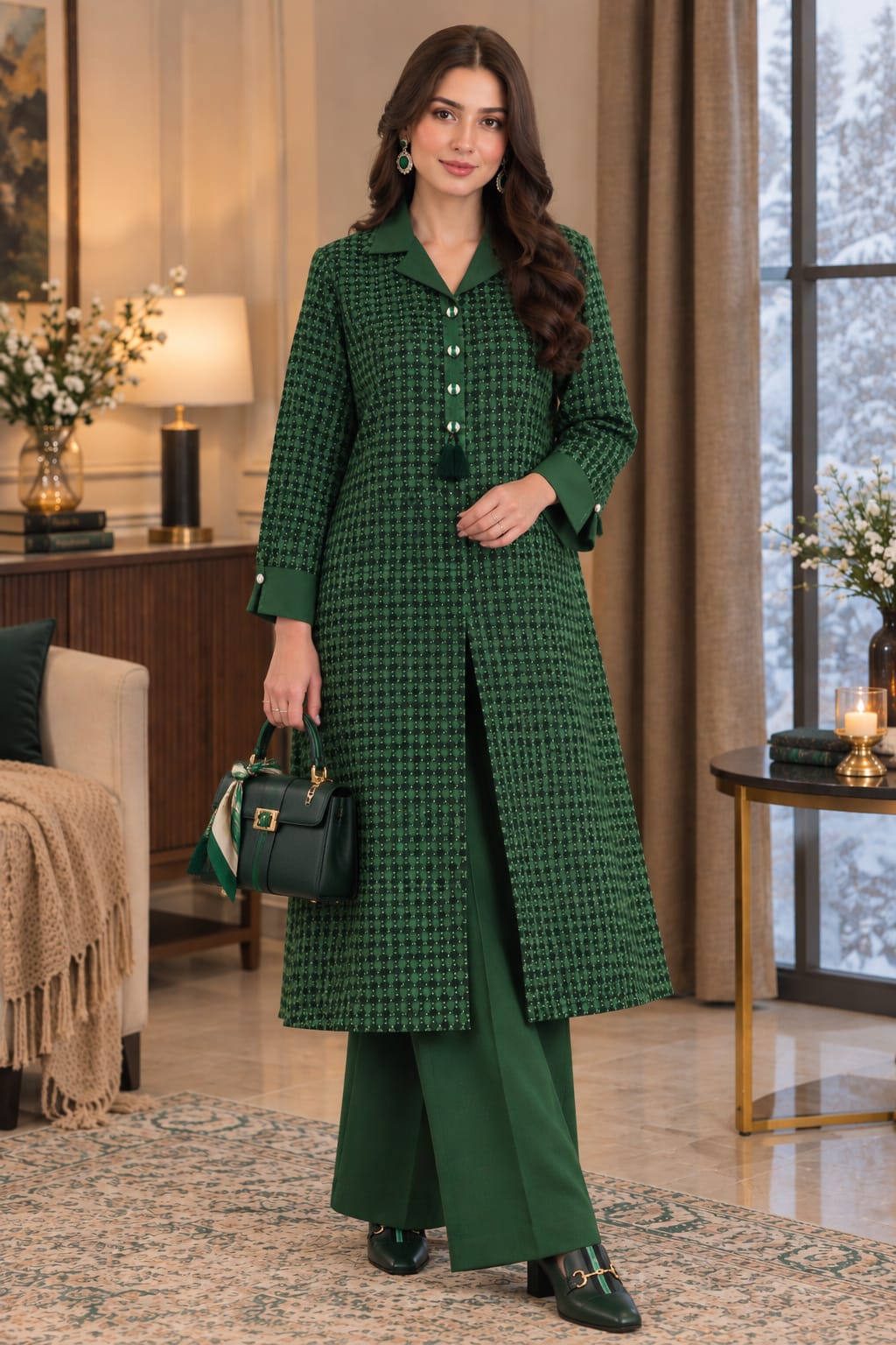Forest Green Houndstooth Long Coat and Trouser Set